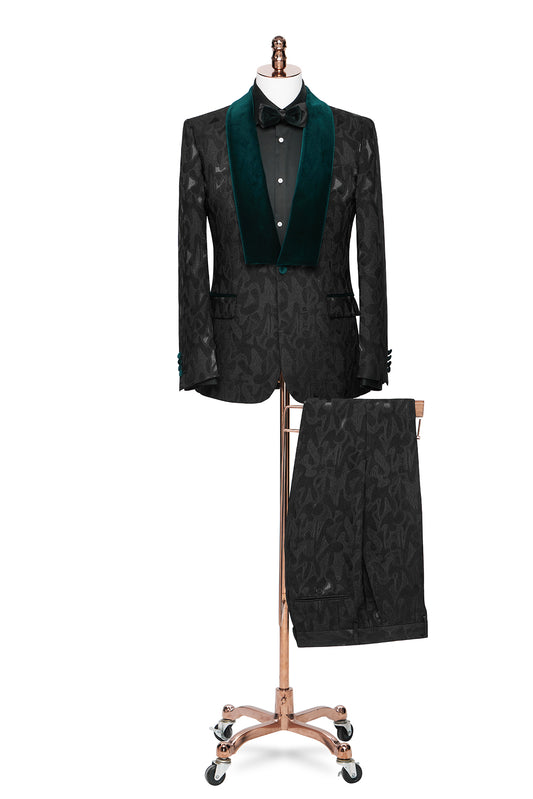 Jacquard Black Tuxedo with Green Lapel