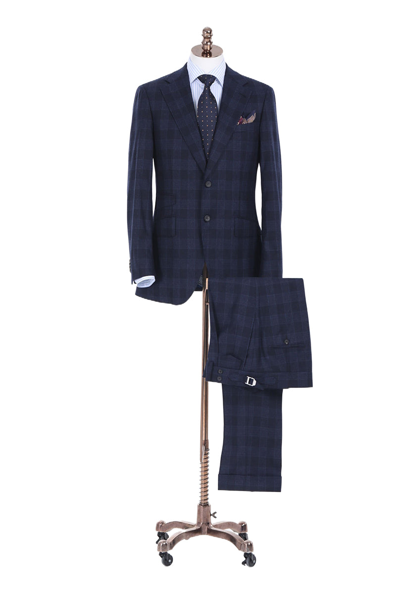 Plaid Dark Blue Single Breasted Suit